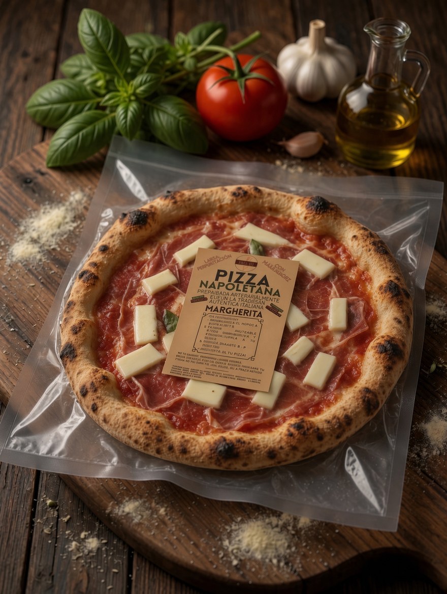 Pizza Margherita congelada, sellada al vacío