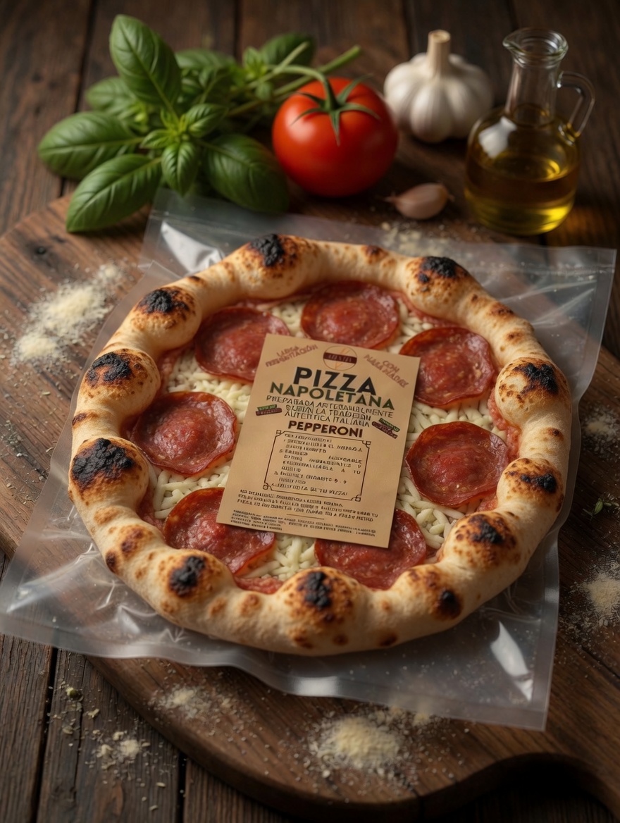 Pizza Pepperoni congelada, sellada al vacío