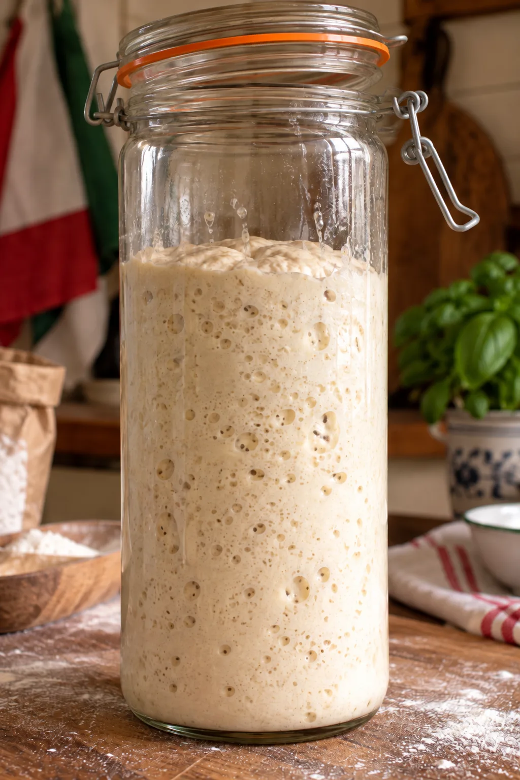 Masa madre viva en fermentación, en un frasco de vidrio