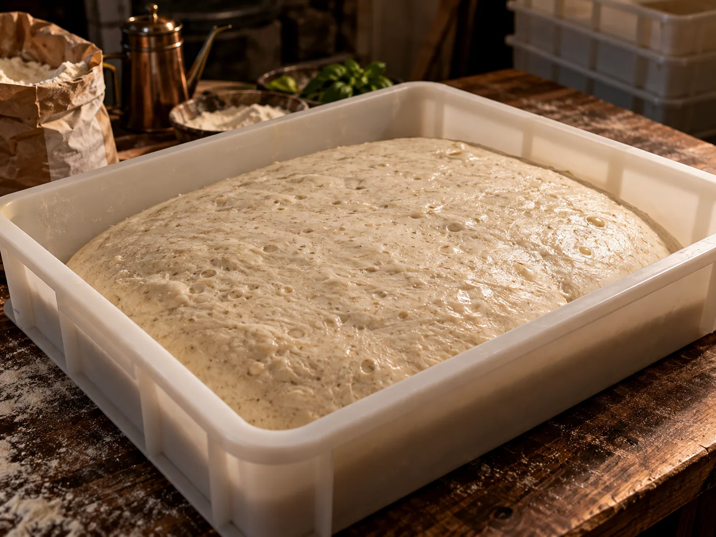Masa en reposo, fermentando en su bandeja